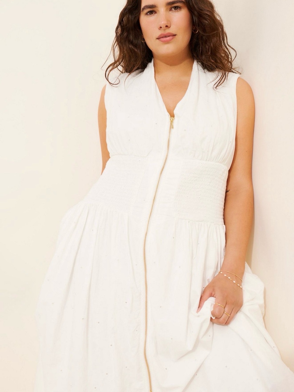 Anthropologie White Sleeveless Zip-Front Smocked Midi Dress